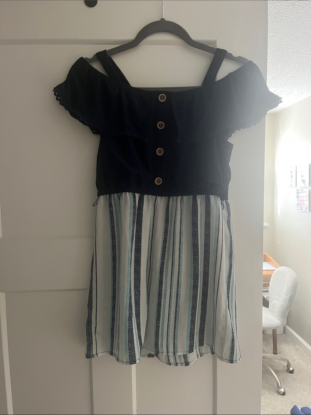 Navy Eyelet Top Striped Romper